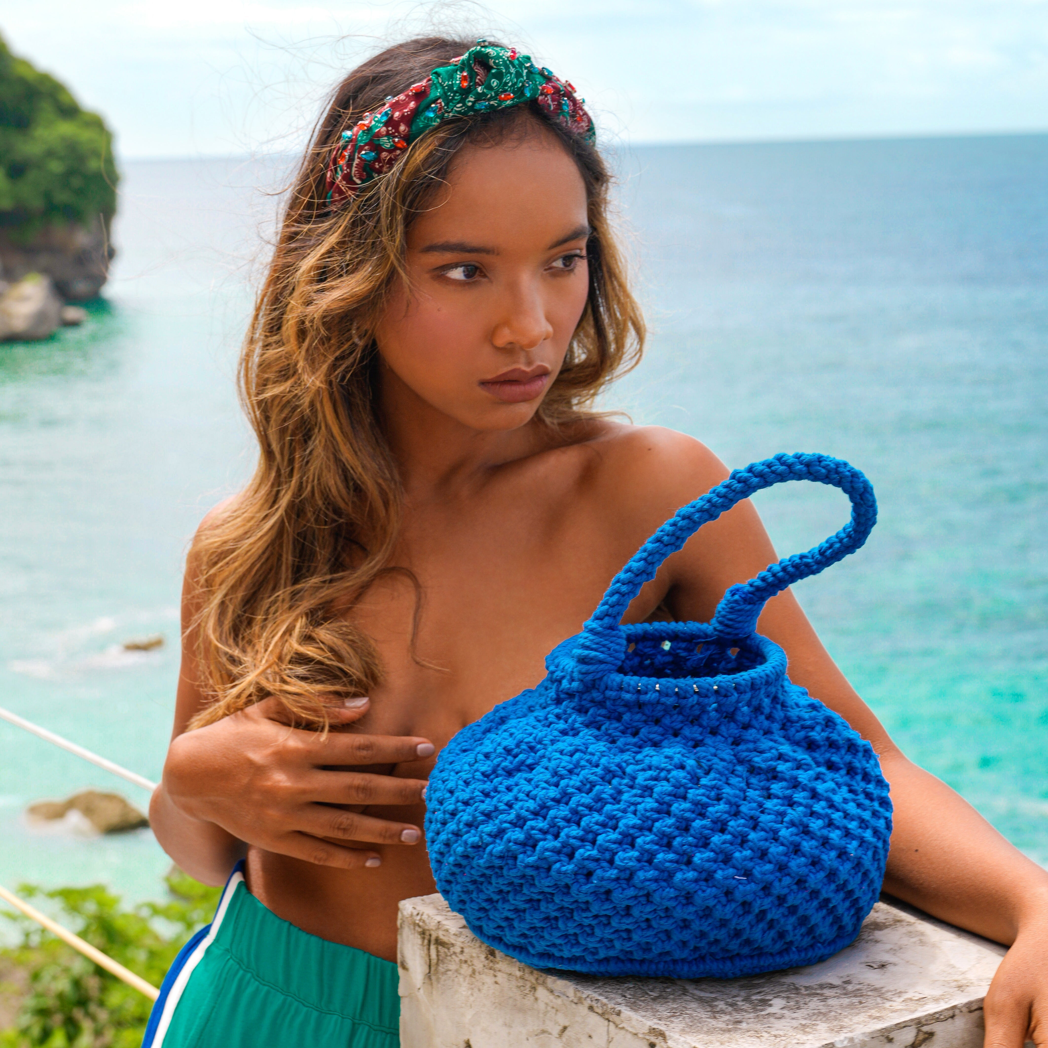 NAGA Macrame Vessel Basket Bag, in Azure Blue