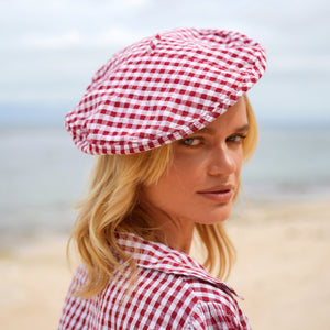 SIMONE Gingham Beret Hat, in Red